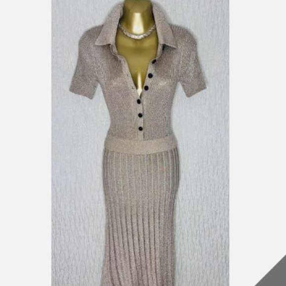 REISS Gold Metallic Ribbed Knit Pleated Midi Dress fits XS - Picture 1 of 9